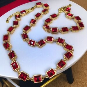 18k Gold Plated Chunky Ruby Crystal Headlight Necklace & Bracelet Set